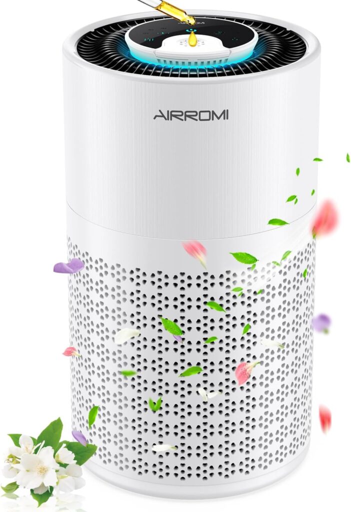 AIRROMI Air Purifier for Bedroom with Hepa Filters, Pet Air Purifiers for Home Cat Pee Smell, Covers Up to 983 Ft², Air Cleaner with Fragrance Sponge, Night Light, 3 Timers, for Dust Smoke Odor Dander