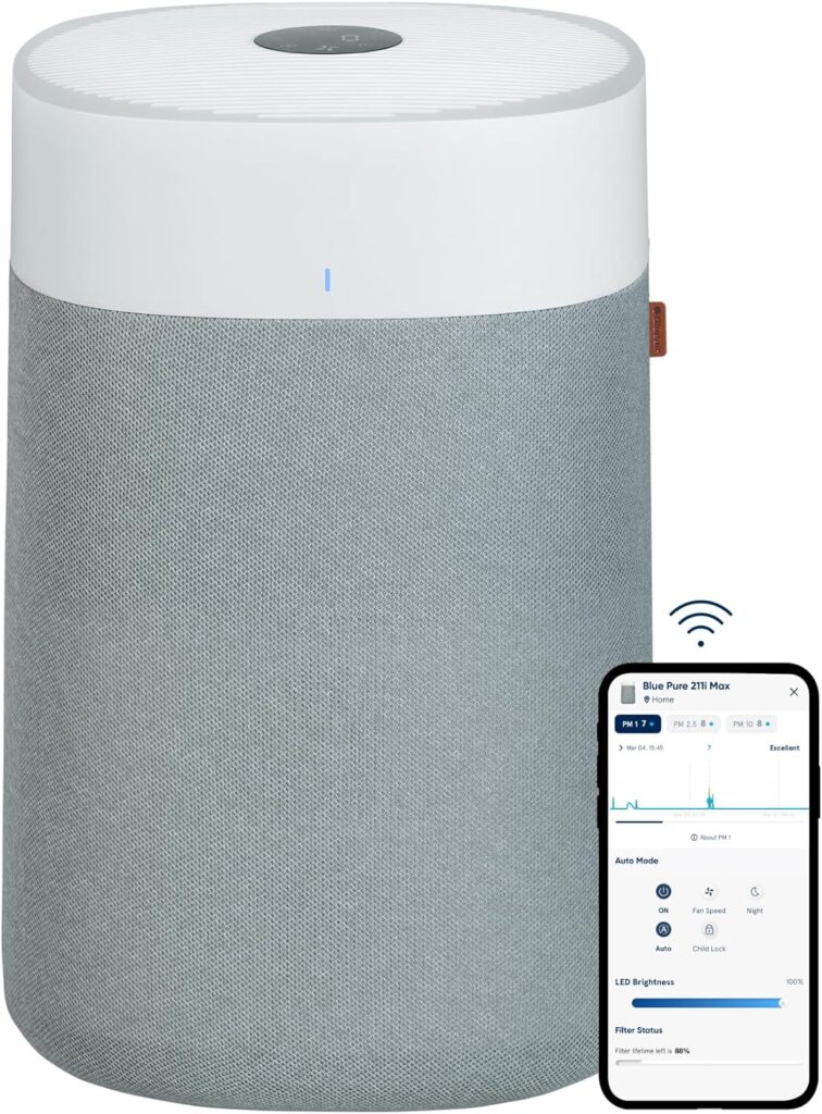 BLUEAIR Air Purifiers for Large Home Room, HEPASilent Air Purifiers for Bedroom, Air Purifiers for Pets Allergies Air Cleaner, Smart Air Purifier, Virus Air Purifier for Dust Mold, Blue Pure 211i Max