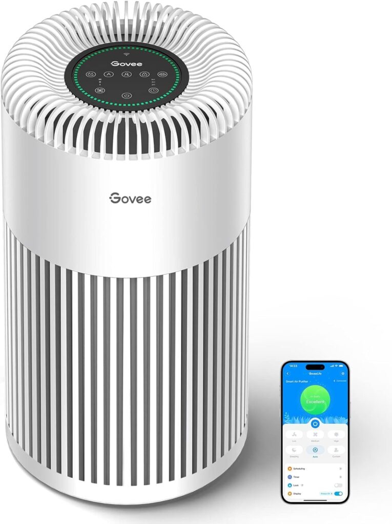 Govee Air Purifiers for Home Large Room Up to 1837 Sq.Ft, WiFi Smart Air Purifier with PM2.5 Monitor for Wildfire, H13 True HEPA Air Purifier for 99.97% Smoke, Pet Hair, Odors, 24dB Large Air Purifier
