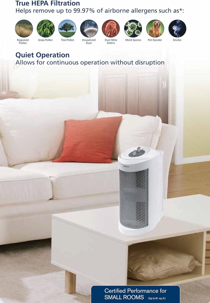 Holmes True HEPA Allergen Remover Mini Tower Air Purifier with Optional Ionizer | Small Space Air Purifier, White (HAP706-NU-1)
