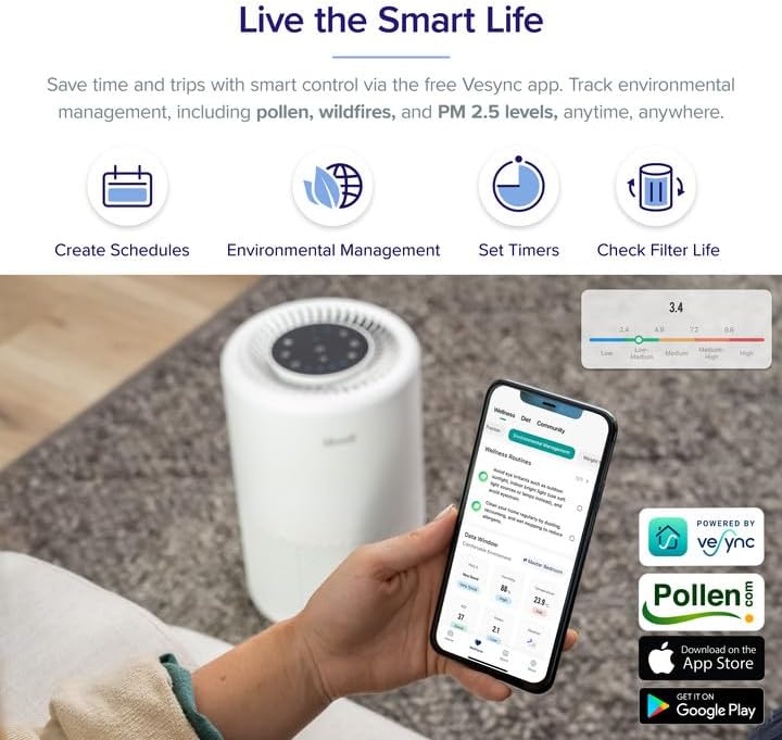 LEVOIT Air Purifier for Home Bedroom, Smart WiFi Alexa Control, Covers up to 915 Sq.Foot, 3 in 1 Filter for Allergies, Removes Pollutants, Smoke, Dust, 24dB Quiet for Bedroom, Core 200S, White