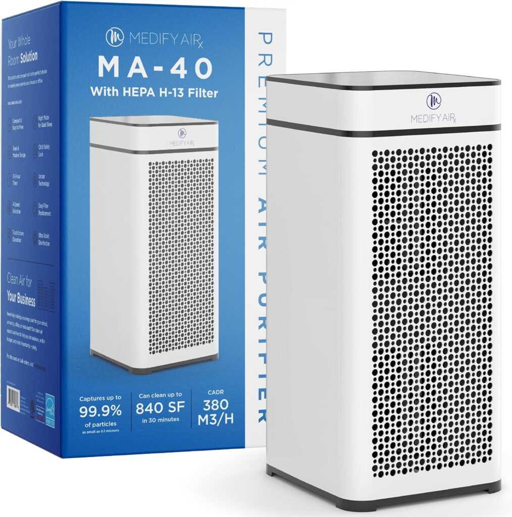 Medify Air MA-40 Air Purifier with H13 True HEPA Filter | 840 sq ft Coverage | for Allergens, Wildfire Smoke, Dust, Odors, Pollen, Pet Dander | Quiet 99.9% Removal to 0.1 Microns | White, 1-Pack