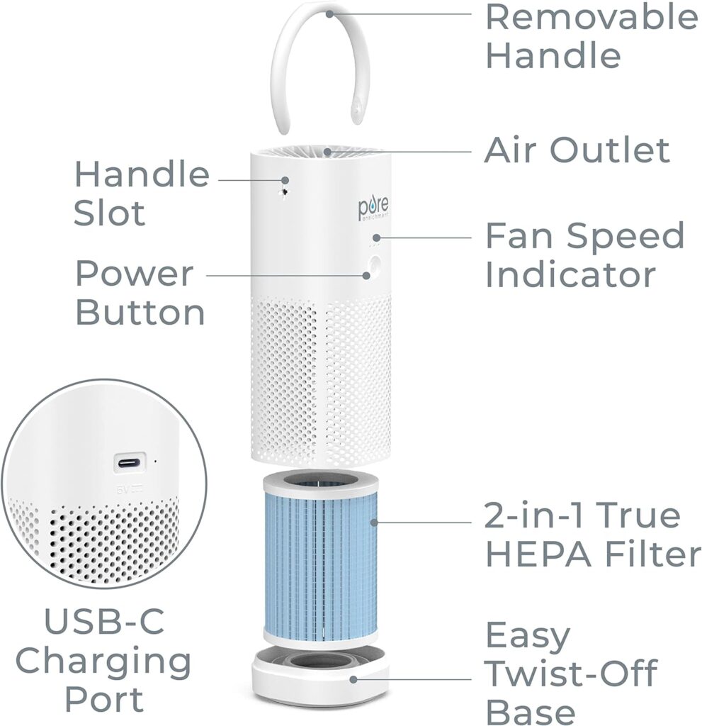Pure Enrichment® PureZone™ Mini Portable Air Purifier - Cordless True HEPA Filter Cleans Air  Eliminates 99.97% of Dust, Odors,  Allergens Close to You - Cars, School,  Office (White)