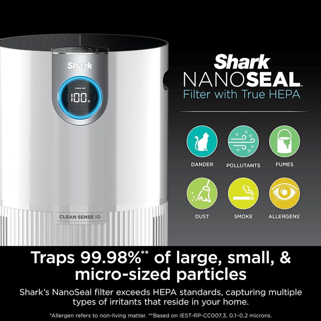 Shark HP102PET Clean Sense Air Purifier for Home, Allergies, Pet Hair, HEPA Filter, 500 Sq Ft, Small Room, Bedroom, Captures 99.98% of Particles, Pet Dander, Fur, Allergens  Odor, Portable, White