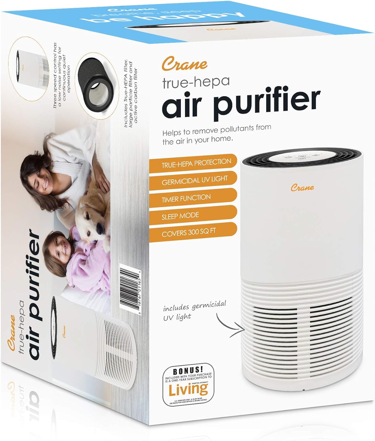 Crane Air Purifier with True HEPA Filter, Germicidal UV Light, 250 Sq Feet Coverage, Timer Function, Sleep Mode, Washable Particle Filter, EE-5067